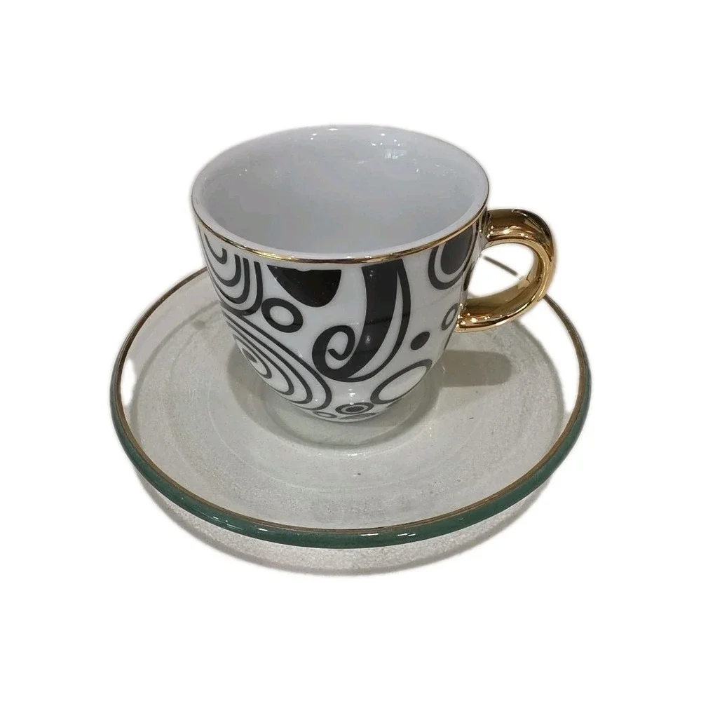 NEW 6 Alpine Demitasse Modern Porcelien Glass Gold Trim ESPRESSO  Turkish Coffee